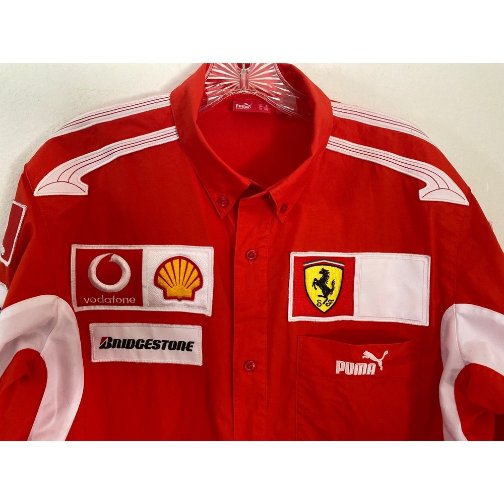 Puma Ferrari Scuderia F1 Racing Team Men Medium Red Button Down Sponsor Patches